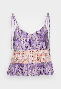 Top senza maniche floreale con spalline regolabili, caratterizzato da motivi di fiori viola e bianchi, con un orlo arricciato e un design a strati.