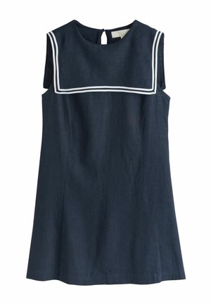 Marineblaues ärmelloses Kleid mit weißem, gesäumtem Matrosenkragen, vorderer Schlitzöffnung und A-Linien-Schnitt mit glatter Textur.