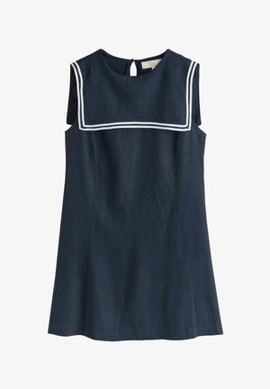 Marineblaues ärmelloses Kleid mit weißem, gesäumtem Matrosenkragen, vorderer Schlitzöffnung und A-Linien-Schnitt mit glatter Textur.