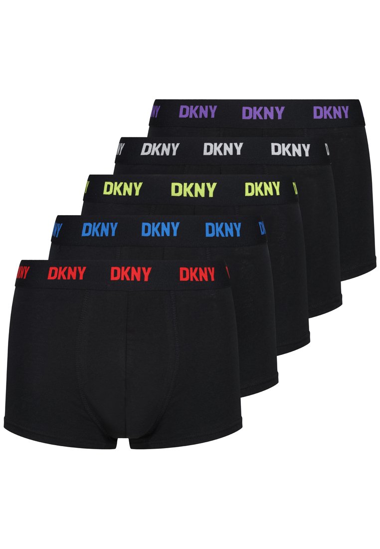 Cinco pares de calzoncillos boxers negros con cinturillas elásticas en varios colores: rojo, azul, verde, púrpura y blanco, con el logo de DKNY.