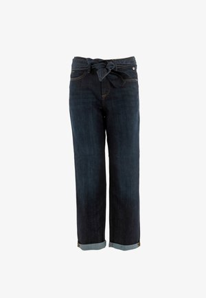 Jeans in denim blu scuro con gambe risvoltate e una cintura in tessuto coordinata annodata a fiocco in vita.