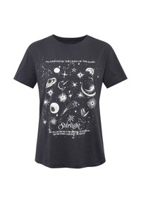 Black cotton t-shirt featuring a white cosmic graphic design with stars, moons, and planets, along with text in an artistic font.