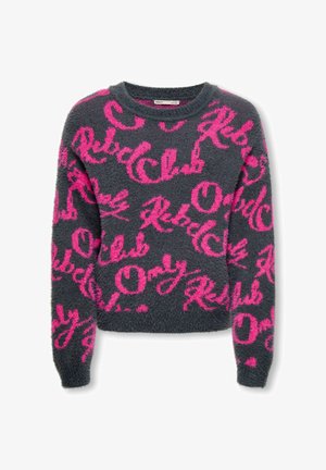 Grey fuzzy sweater with bright pink handwritten text, featuring "Rebel Club" and "Only." Crew neck and long sleeves, soft texture.