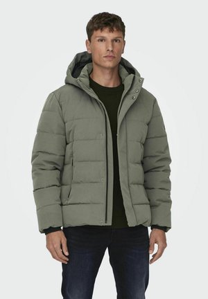 Lichtgroene pufferjack met capuchon, met een ritssluiting aan de voorkant, drukknoopsluiting en een gewatteerde textuur. G gedragen over een donkergroene trui.