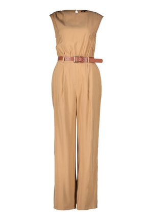 Beige jumpsuit with cap sleeves, cinched waist, and wide-leg trousers. Features a contrasting brown belt with a square buckle. Smooth fabric texture.