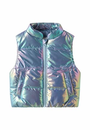 Rankovių neturinti šviesą atspindinti pūkuota liemenė su aukštu apykakliu, priekiniais užtrauktukais ir dviem šoninėmis kišenėmis, pasižyminti blizgiu daugiakarčiu paviršiumi.