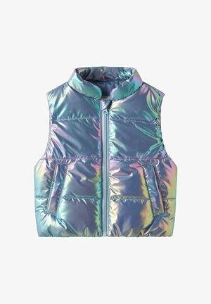 Rankovių neturinti šviesą atspindinti pūkuota liemenė su aukštu apykakliu, priekiniais užtrauktukais ir dviem šoninėmis kišenėmis, pasižyminti blizgiu daugiakarčiu paviršiumi.