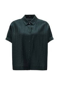Camicia a maniche corte verde scuro con bottone, dal finish testurizzato, colletto e polsini arrotolati. Presenta bottoni neri lungo la parte anteriore.