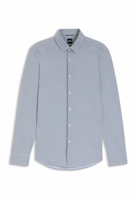 Overhemd met knopen in blauw-wit geruit patroon, lange mouwen, kraag en afgeronde zoom. Gemaakt van katoenen stof met een gladde textuur.