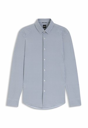 Overhemd met knopen in blauw-wit geruit patroon, lange mouwen, kraag en afgeronde zoom. Gemaakt van katoenen stof met een gladde textuur.