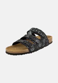 Black slide sandal with three adjustable straps, featuring a swirl pattern in white. Cork footbed and textured rubber sole.