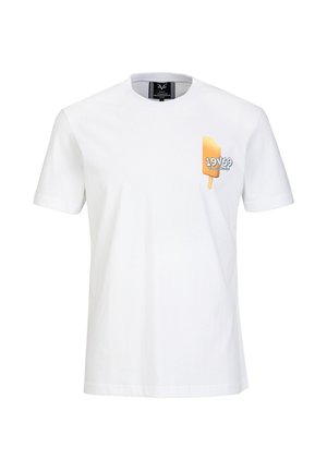 Wit T-shirt met korte mouwen, voorzien van een klein oranje ijsjesplaatje en de tekst "19V69" op de linkerbovenborst.