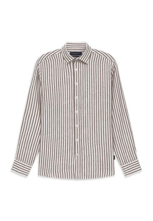 Langärmliges Hemd mit Knopfleiste, braun-weißen vertikalen Streifen und spitzem Kragen, innen am Halsausschnitt mit "bugatti" beschriftet.