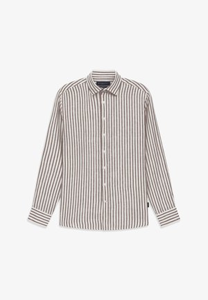 Long-sleeve, button-up shirt with brown and white vertical stripes and a pointed collar, labeled "bugatti" inside the neckline.