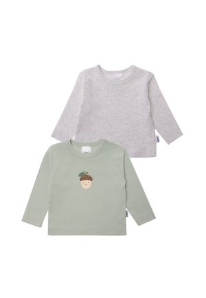 Two long-sleeve shirts: one gray with a soft texture, and one green featuring an acorn graphic on the front, both with round necklines.