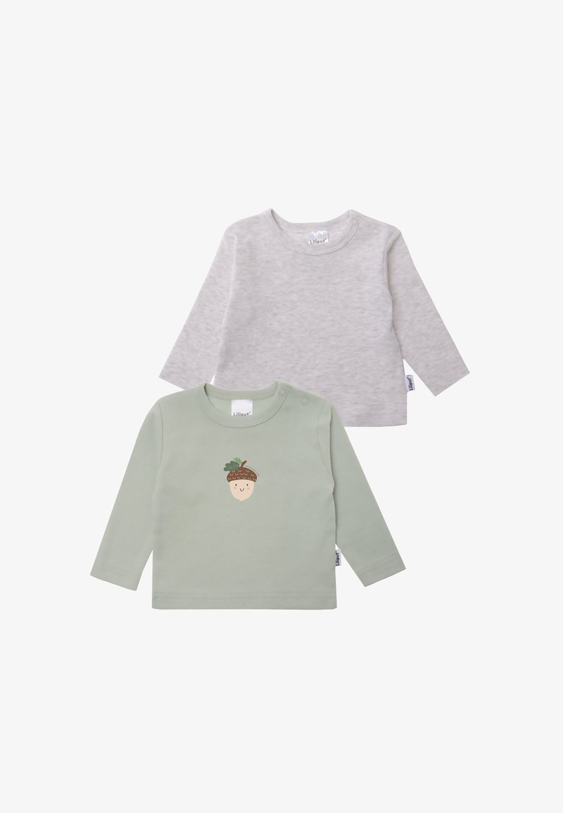 Two long-sleeve shirts: one gray with a soft texture, and one green featuring an acorn graphic on the front, both with round necklines.