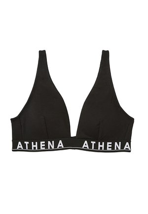 Soutien-gorge noir de forme triangulaire, fabriqué en matériau doux, avec une bande logo blanche "ATHENA" et des bretelles réglables. Design simple.
