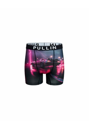 Boxers noirs présentant un design graphique vibrant d'une voiture et d'éclairs, tissu lisse avec une ceinture élastique marquée "PULLIN".