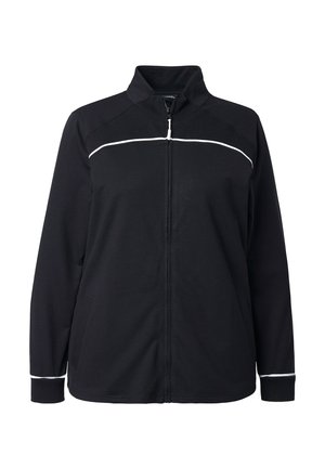 Veste noire zippée avec un col montant, présentant une bande horizontale blanche traversant la poitrine et des accents blancs aux poignets. Tissu doux.