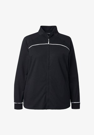 Veste noire zippée avec un col montant, présentant une bande horizontale blanche traversant la poitrine et des accents blancs aux poignets. Tissu doux.