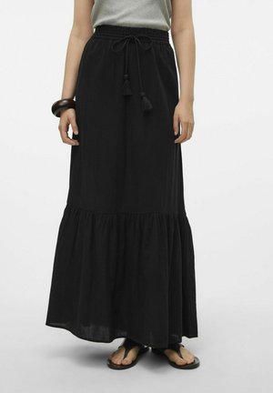 Jupe maxi noire en tissu léger, dotée d'une taille élastique avec cordon de serrage et d'un ourlet à volants au bas.