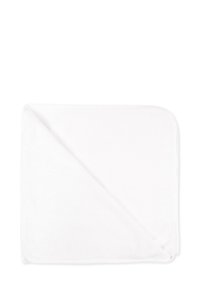 Asciugamano in cotone bianco, forma quadrata, texture morbida, leggermente piegato in un angolo, con bordi rifiniti e senza motivi o disegni visibili.