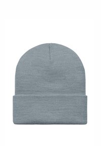 Szary wełniany beanie z odwróconym mankietem, wykonany z miękkiego materiału. Posiada gładką teksturę oraz ciasny wzór splotu na całej powierzchni.