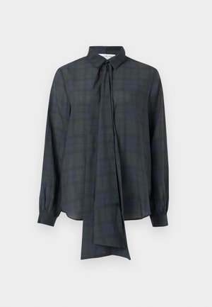 Tume roheline ja tumesinine ruuduline pikakäistega särk, millel on sidumisekaelus, valmistatud siledast kangast, millel on nööpidega mansetid ja kaarjas äär.