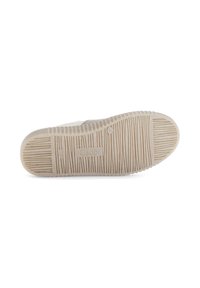 Lichtbeige schoenzool met gestructureerd rubber voor grip. Kenmerkt zich door rechte patronen en geperste branding. Rechtlijnige randen en een afgeronde neusontwerp.