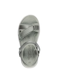 Light green sandal with soft fabric straps, rubber outsole, and adjustable ankle strap. Features textured footbed and brand logo. Size 37.