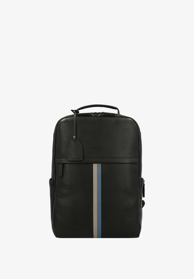Zwarte leren rugzak met een verticale streepontwerp in blauw en crème. Voorzien van een handvat aan de bovenkant, een ritssluiting en zijvakken.