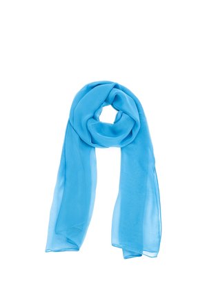 Sciarpa in tessuto leggero azzurro chiaro, piegata liberamente con le estremità penzolanti su sfondo bianco.