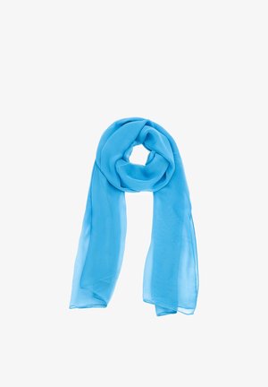 Sciarpa in tessuto leggero azzurro chiaro, piegata liberamente con le estremità penzolanti su sfondo bianco.