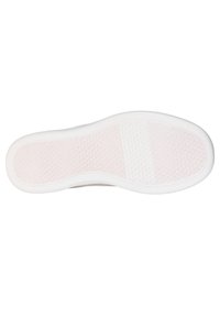 Sole di sneaker in gomma bianca con motivo di presa testurizzato e accenti rosa, caratterizzata da un bordo esterno liscio e una forma arrotondata.
