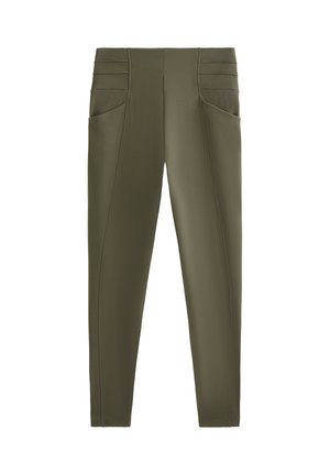Olijfgroene, aansluitende broek met hoge taille, details van voornaad en brede zijzakken.