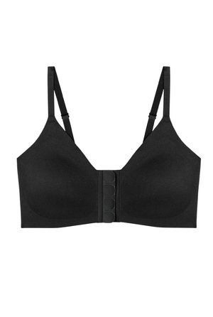 Czarny biustonosz o gładkiej fakturze i miękkich miseczkach. Wyposażony w regulowane ramiączka oraz zapięcie z przodu z trzema guzikami.