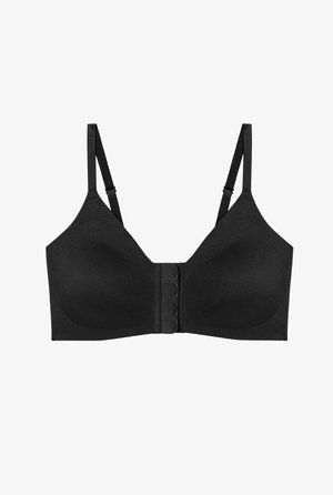 Czarny biustonosz o gładkiej fakturze i miękkich miseczkach. Wyposażony w regulowane ramiączka oraz zapięcie z przodu z trzema guzikami.
