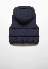Dark navy puffer vest with a hood, featuring stitched sections for insulation, smooth texture, and an elastic bottom hem for fit.