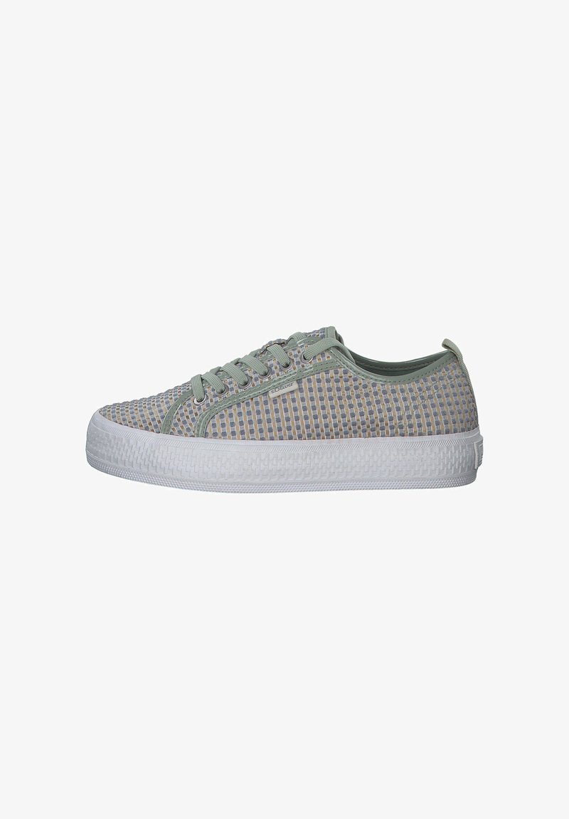Lightweight mesh sneakers in green and beige, featuring a white rubber sole, round toe, and tonal laces. Textured pattern throughout.