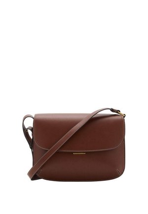 Brown leather crossbody bag with a flap closure, featuring gold-tone hardware, white stitching, and an adjustable strap.