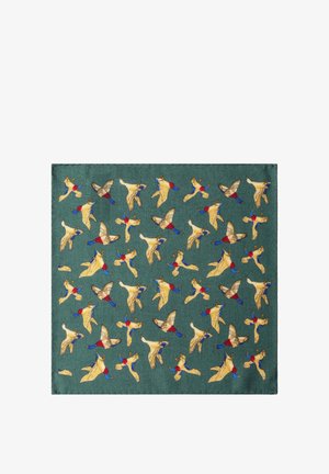 Green fabric square patterned with flying pheasants in yellow, brown, red, and blue, arranged in a repeating design.