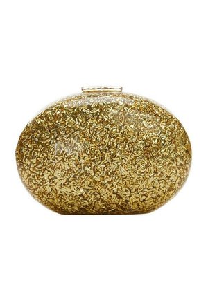 Oval formet clutch taske dækket med tæt gyldent glitter og med en lille rektangulær lås på toppen.
