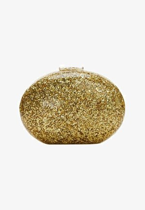 Bolso de mano de forma ovalada cubierto de brillo dorado denso con un pequeño cierre rectangular en la parte superior.