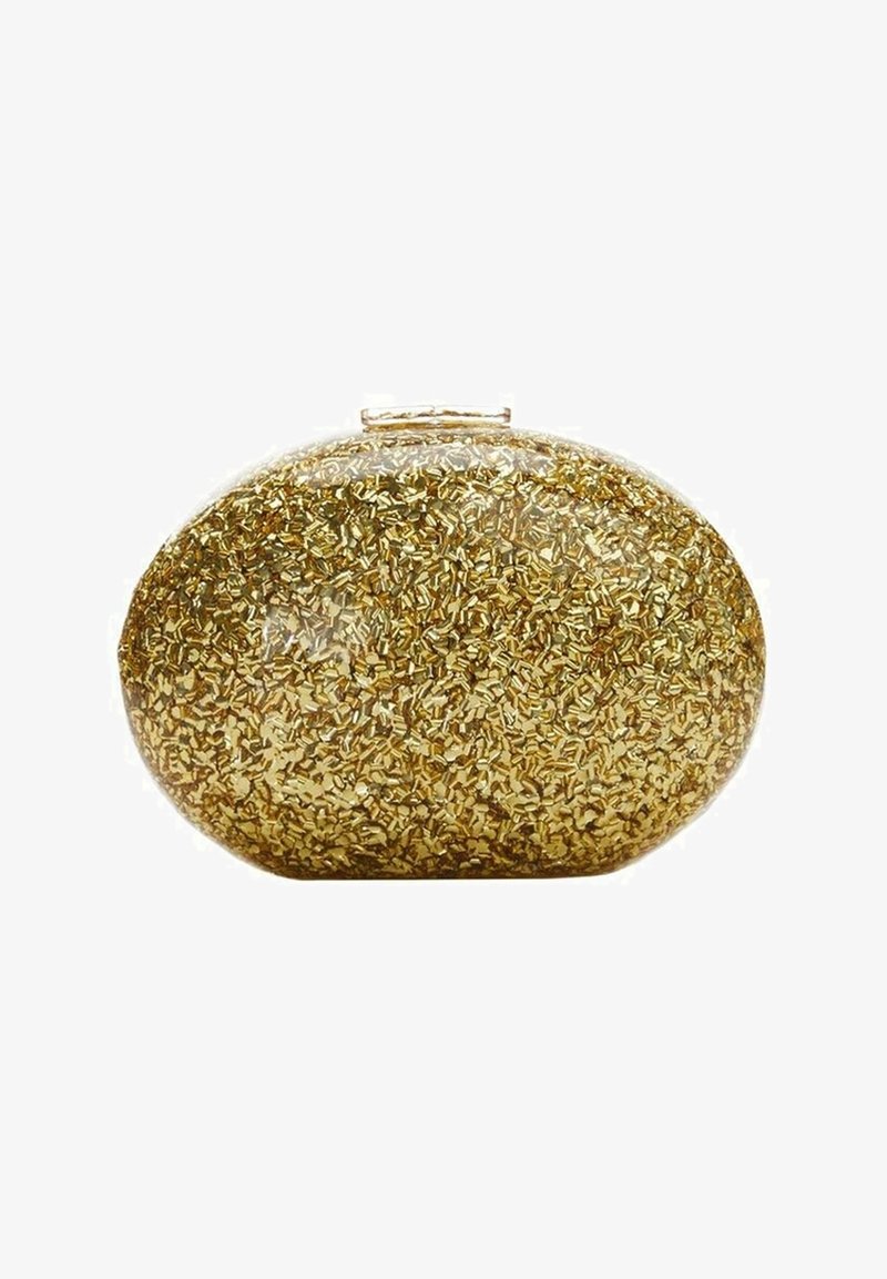 Pochette de forme ovale couverte de paillettes dorées denses avec un petit fermoir rectangulaire sur le dessus.