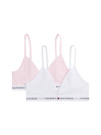 Trzy braletki: jedna różowa, jedna jasnoróżowa i jedna biała. Wszystkie mają miękką tkaninę oraz elastyczny pasek z logo "TOMMY HILFIGER" w kontrastujących kolorach.