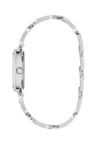 Side view of a silver metal wristwatch with a linked bracelet and a crown on the watch case.