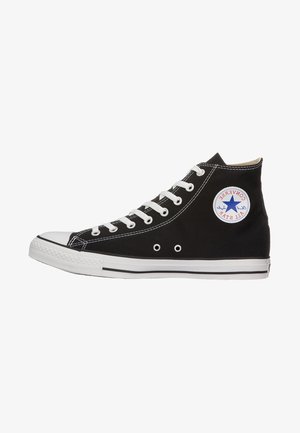 Black high-top canvas sneaker with white laces, rubber toe cap, and logo patch featuring a blue star. White sole with black stripe detailing.