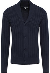 Námořnický pletený cardigan s širokým šálovým límcem, dlouhými rukávy a pěti knoflíky. Materiál má texturovaný pletený vzor.
