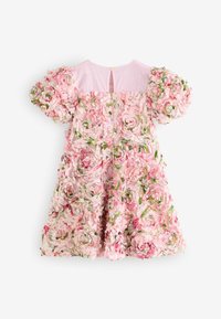 Rotes Blumen Kleid mit voluminösen Puffärmeln, aus schichtweisem Stoff, der Rosen ähnelt, mit einem durchsichtigen Oberteil und einem Reißverschluss hinten.