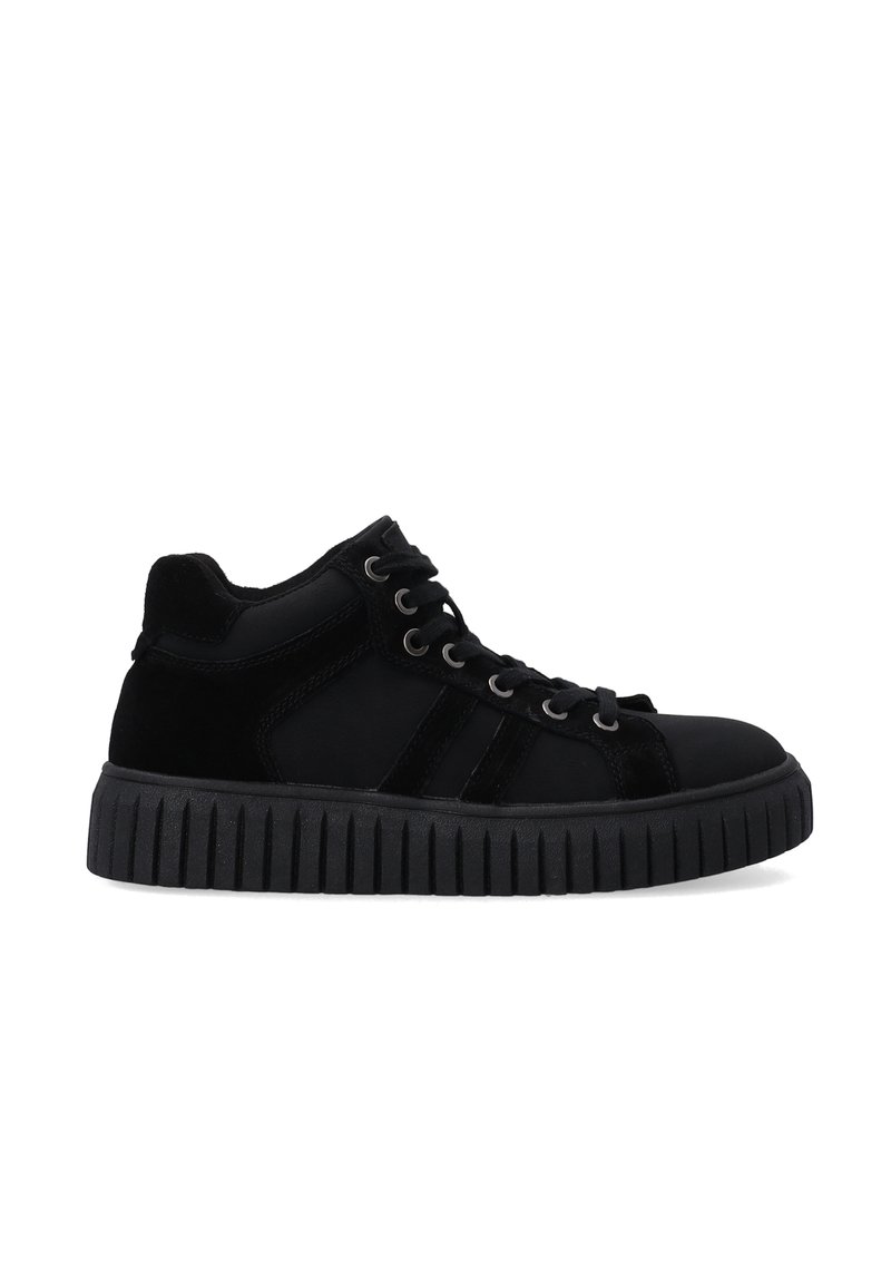 Schwarzer High-Top-Sneaker aus Wildleder und Stoff, mit einer strukturierten Gummisohle, runder Zehenform und tonalem Schnürsenkel mit drei seitlichen Streifen.